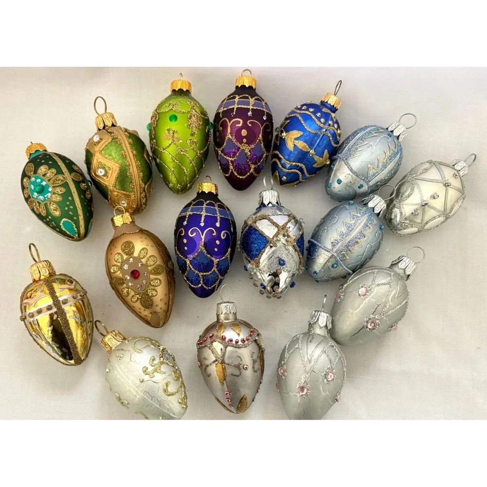 16 Miniature Egg Christmas Ornaments Silver Gold Glitter Jeweled Embellished